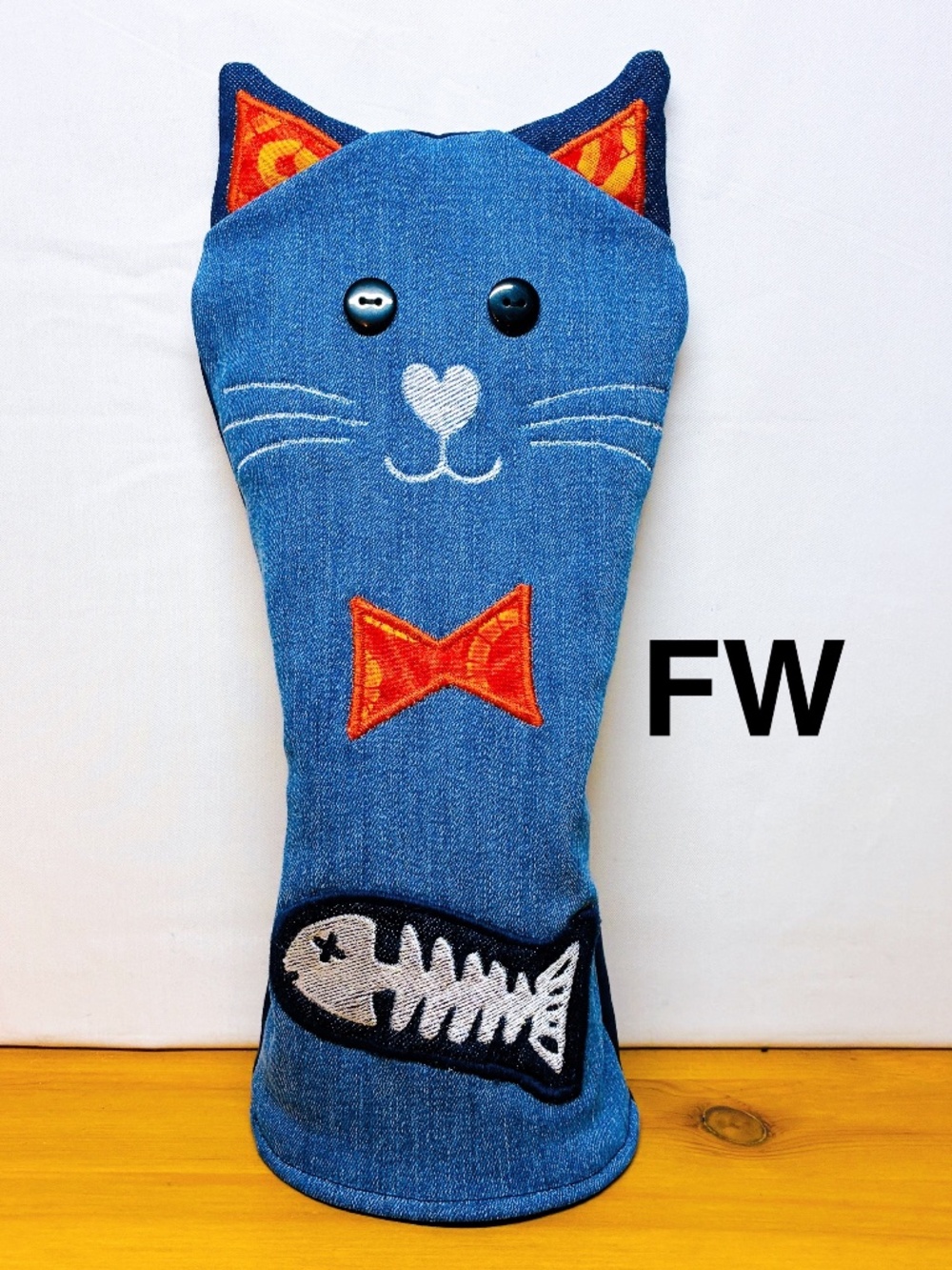 【F-410】Golf Fairway wood Head Cover Denim Jeans Cat Handmade by Shizu